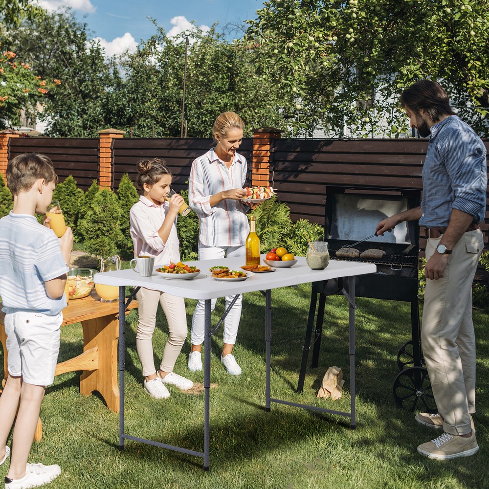 Folding Table 4 FT Portable Fold-in-Half Adjustable Plastic Camping Table White