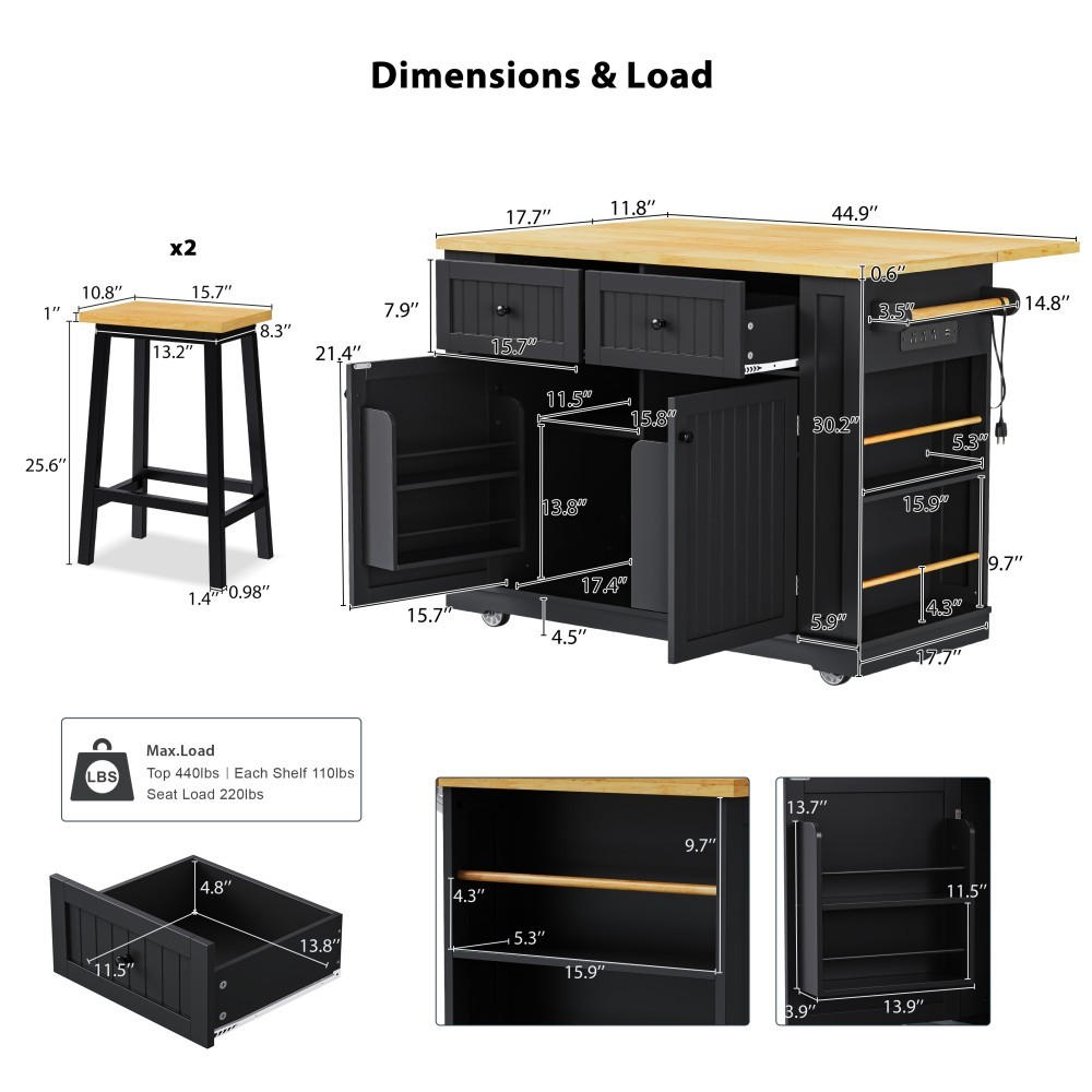 Large Kitchen Island Cart with Drop Leaf, Charging Station & 2 Stools, Black