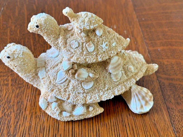 Beachy Ceramic Stacked Turtles 4” Tall seashell turtle sandy shells