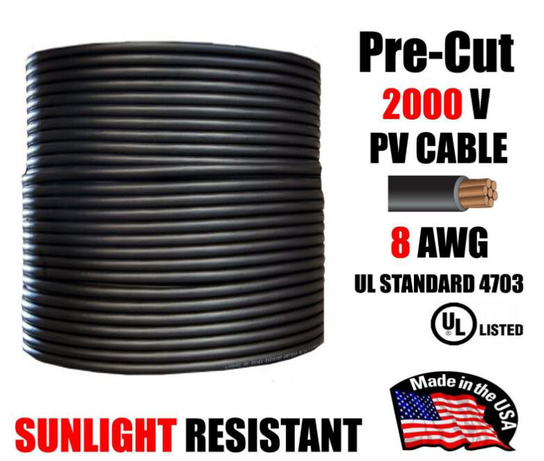 8 AWG PV Wire Black Solar Cable 1000/2000V Copper – Pre-Cut 50–400 Ft