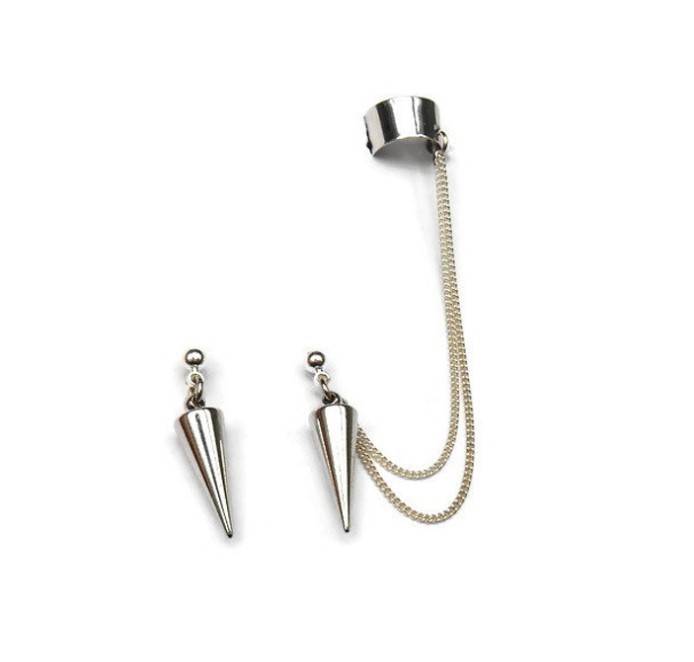 Punk Rock Rivets Chain Tassel Dangle Ear Stud Cuff Wrap Earrings Eardrop