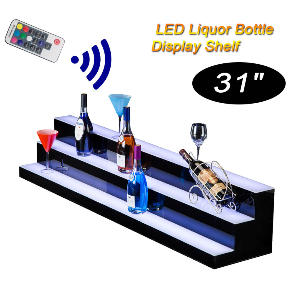 31" 3 Step Tier LED Lighted Shelves Illuminated Liquor Bottle Bar Display Stand