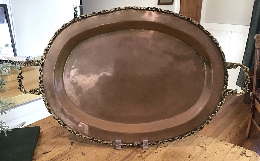 Antique Large Solid Copper Tray with Brass Handles Fall Decorating