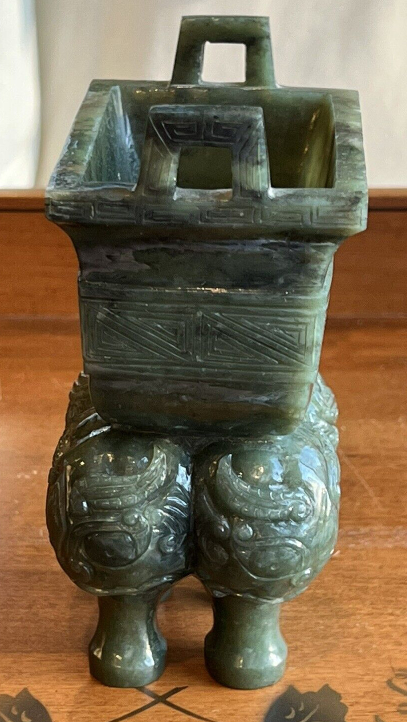 Hand Carved Dark Spinach Green Jade Asian Chinese Incense Burner Censor