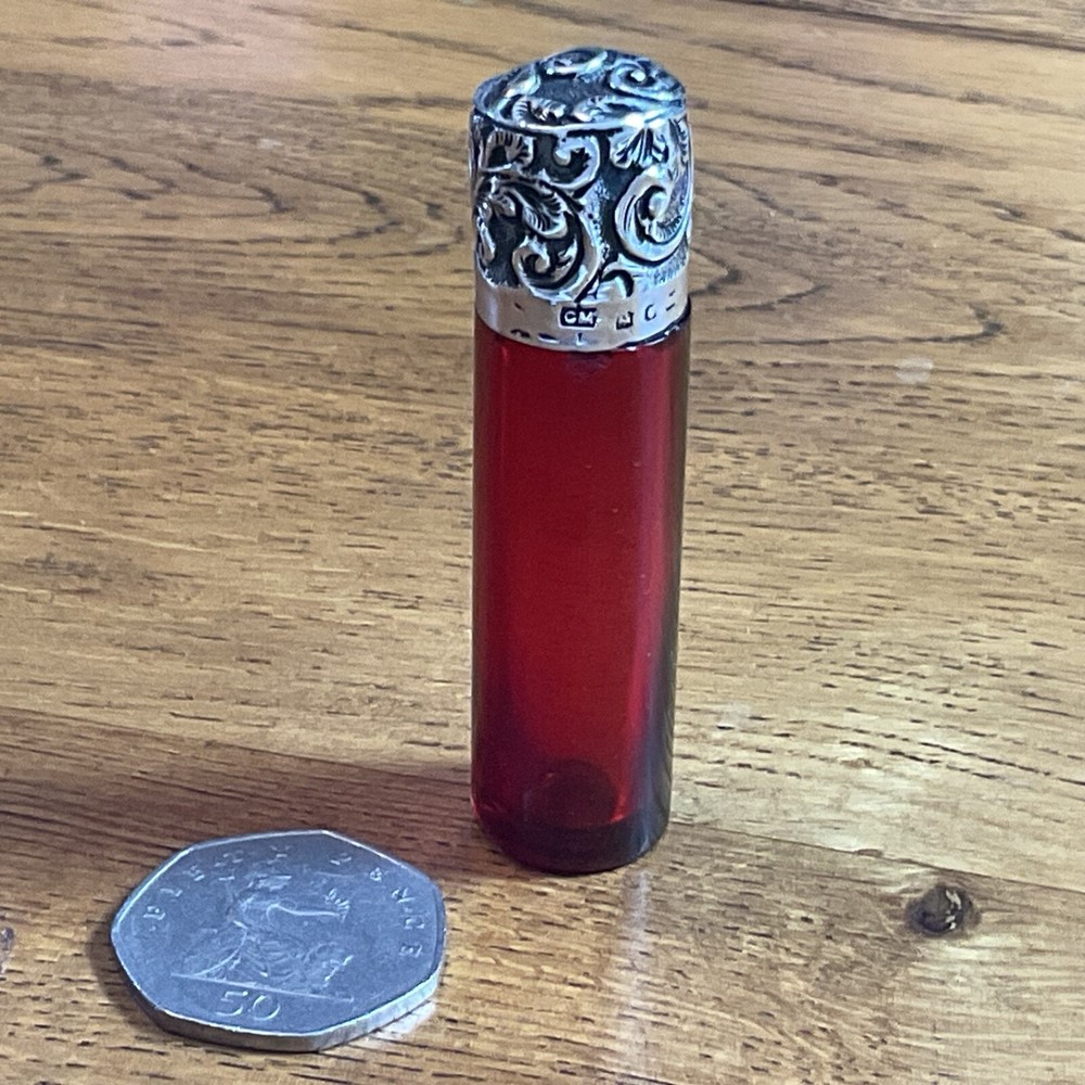 Victorian Ruby Red Glass Silver Mounted Scent Perfume Bottle by Charles Mappin
