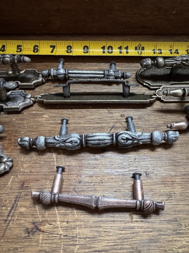 Assorted Antique Brass Drawer Pulls Set of 13 Various Sizes