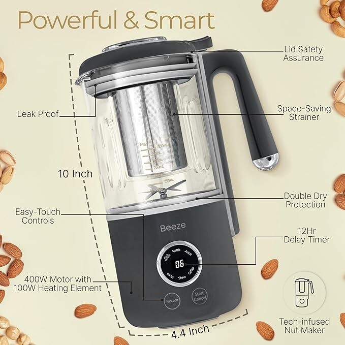 BEEZE Automatic Nut Milk Maker - 14oz Nut Milk Maker Machine - Gray