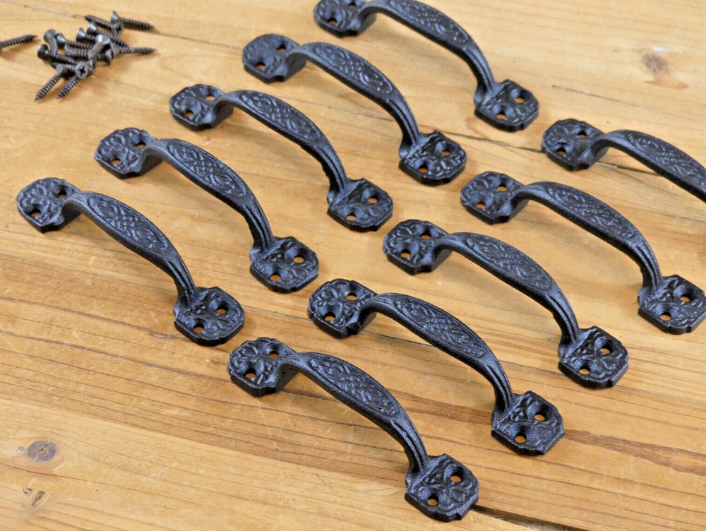 10 Small Drawer Pulls Bath Window Antique Vintage Style Rustic Cast Iron Black