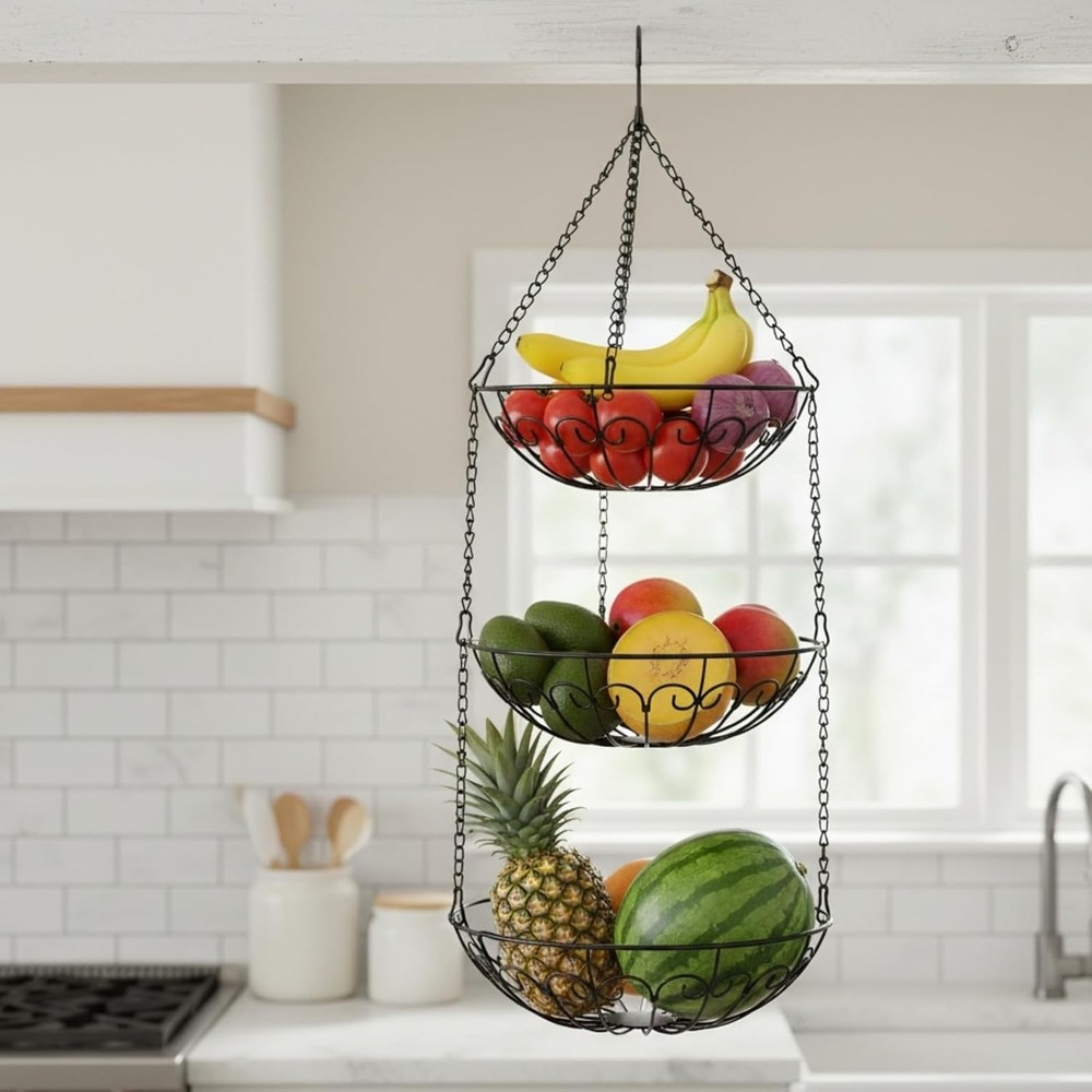 3-Tier Hanging Fruit Basket Heavy Duty Wire Baskets Kitchen Rustic Hanging