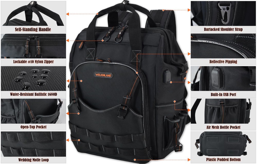 WELKINLAND 55-Pockets Tool backpack, Tool bag backpack, Backpack tool bag, To...