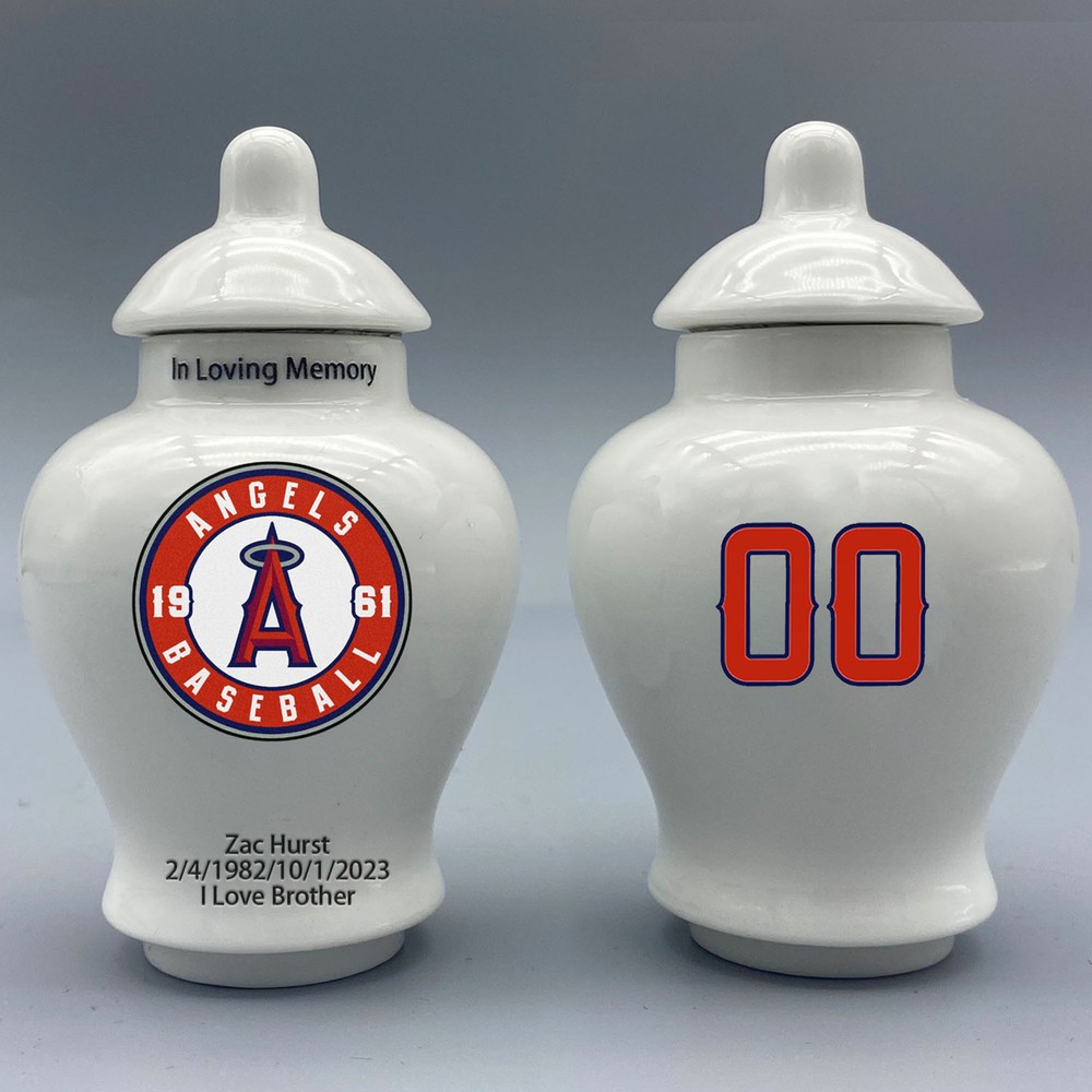 Ceramic Baseball Urn – Los Angeles Angels Theme, Custom Text & Number