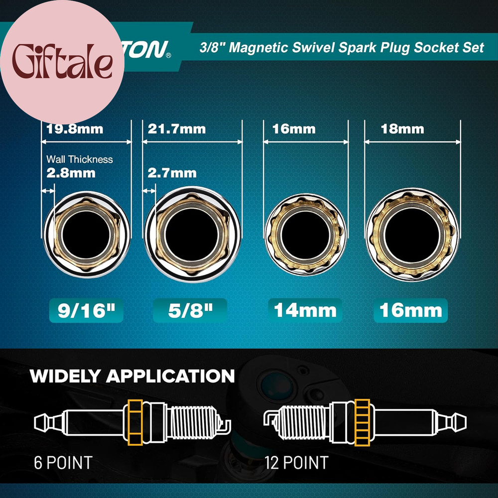 8PCS 3/8"Dr. Magnetic Spark Plug Socket Set, Include Gapper & Extension Bar, Swi