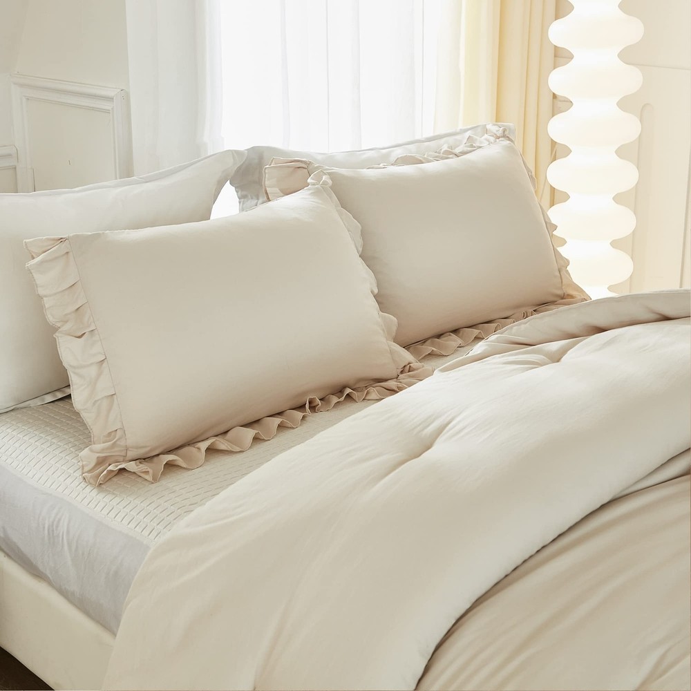 Queen Comforter Set Beige 3 Pieces Ruffle Lightweight Bedding Comforter Set Fluf