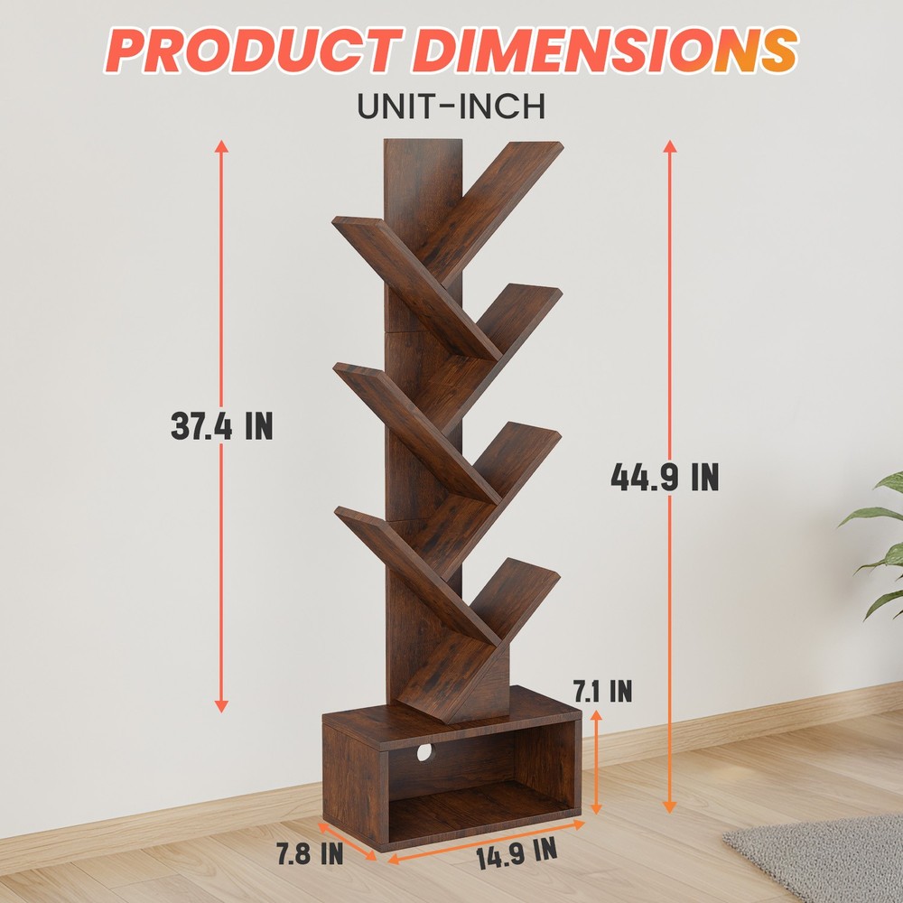 7 Tier Tree Bookshelf, Rustic Brown Floor Standing Bookcase with Storage Cabinet