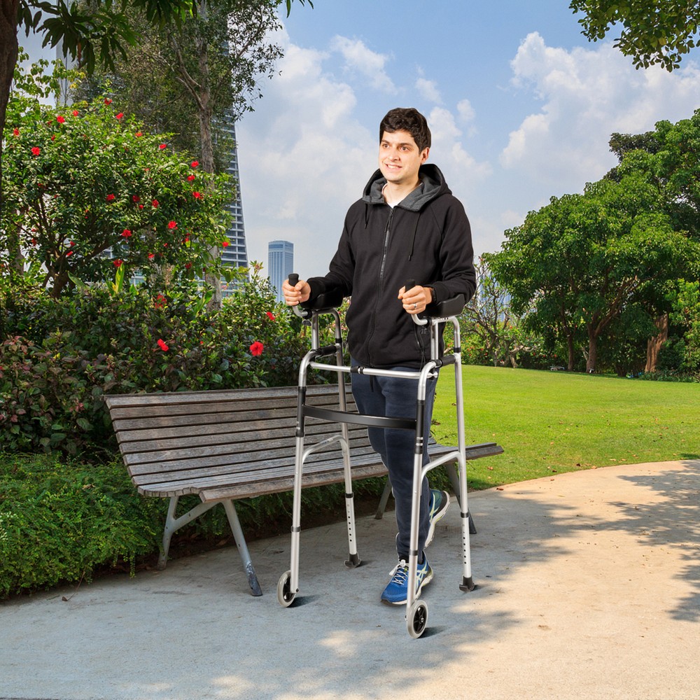 Folding Walker Adjustable Walking Frame Aluminum Walking Aid w/ Wheels Silver