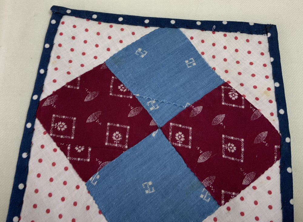 Vintage Patchwork Quilt Small Table Topper, Four Patch, Blue, Burgundy, White