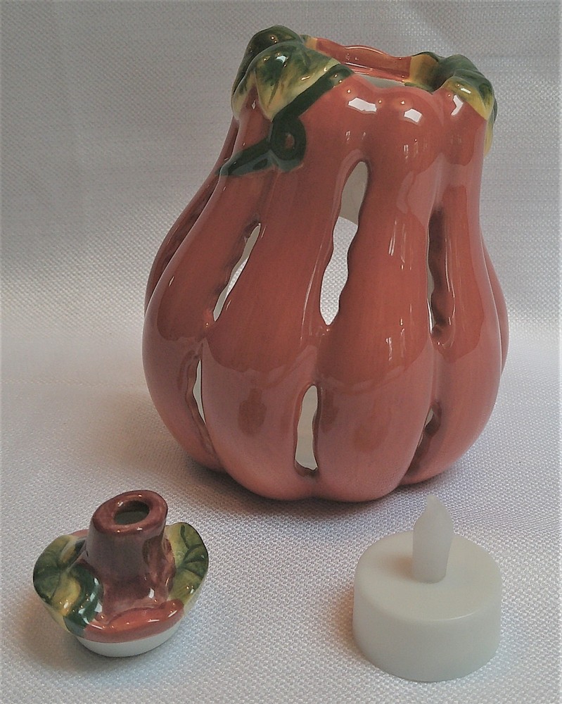 Glazed Ceramic Pumpkin Tealight/Candle Holder with Cutouts & Tealight Shown