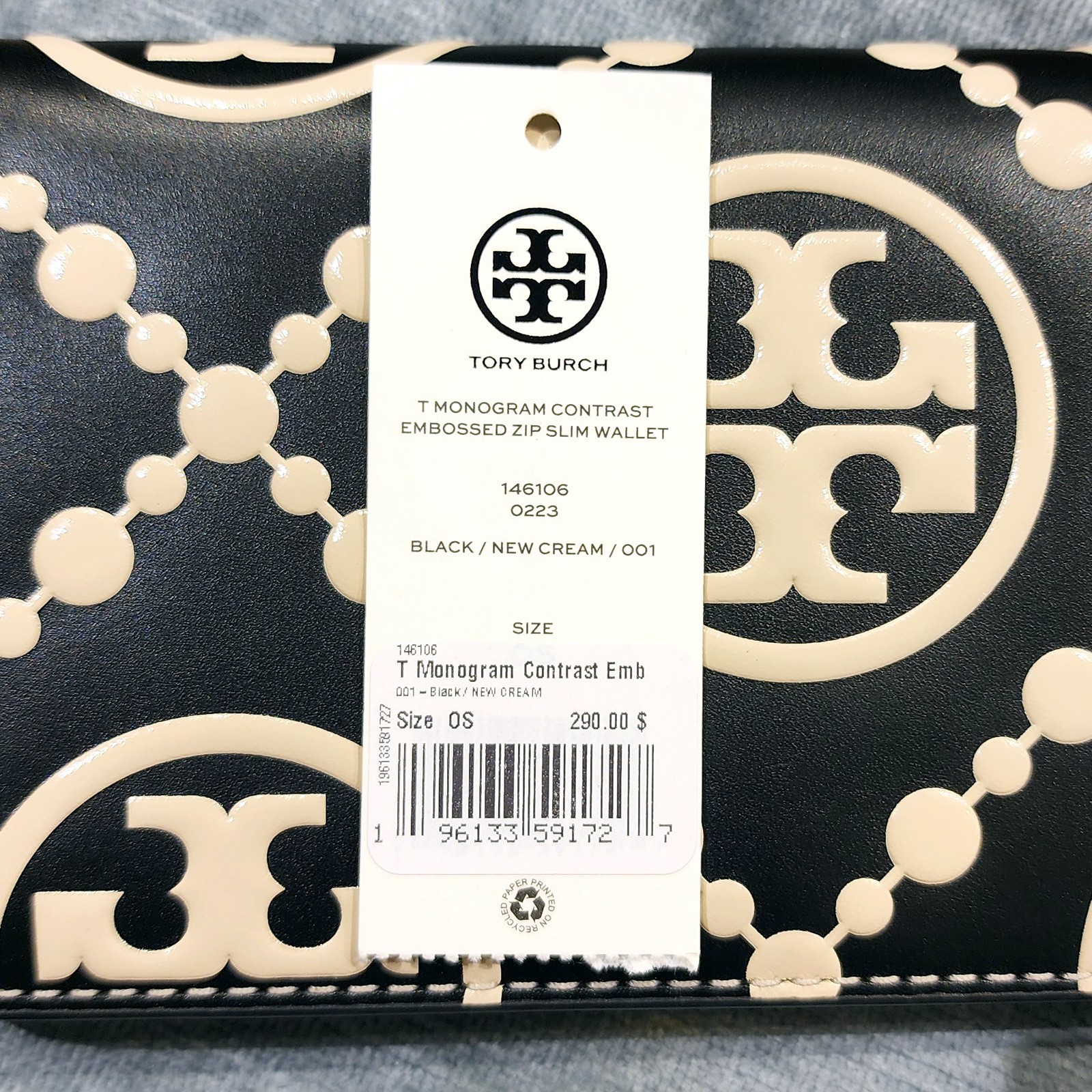 Authentic New Tory Burch T Monogram Contrast Embossed Zip Slim Wallet 146106