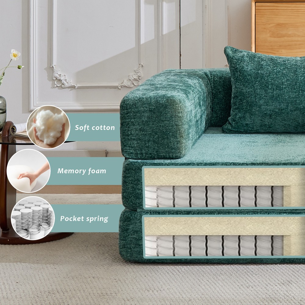 Convertible Floor Sofa Bed w/ Fixed Frame, Chenille Fabric, Dark Green