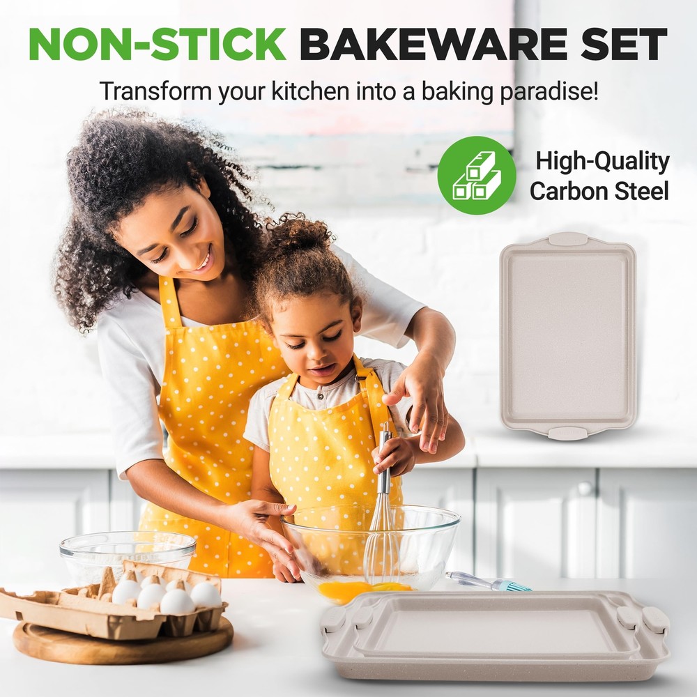 NutriChef 3 Piece Nonstick Cookie Sheets for Baking - (Cream Marble)