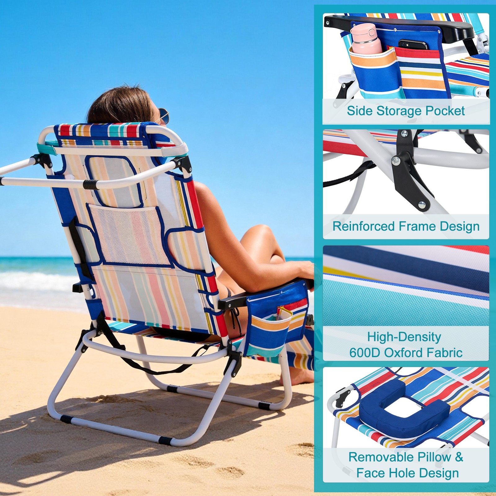 NAIZEA Tanning Chair 5-Position Adjustable Reclining Beach Lounge Chair Sun Cot