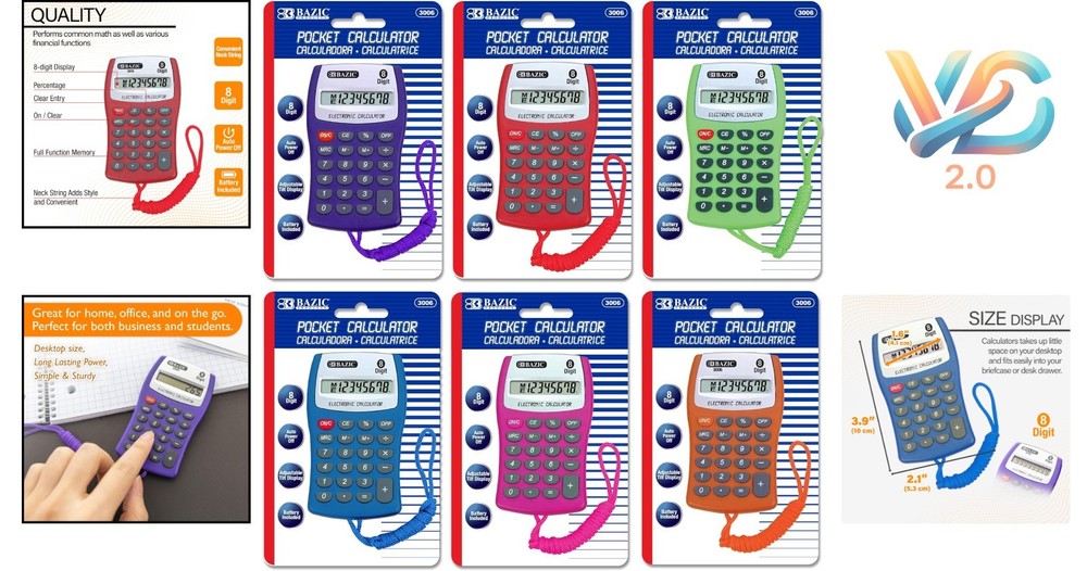 BAZIC Pocket Calculator 8-Digit LCD with Neck String 24-Pack Assorted Colors