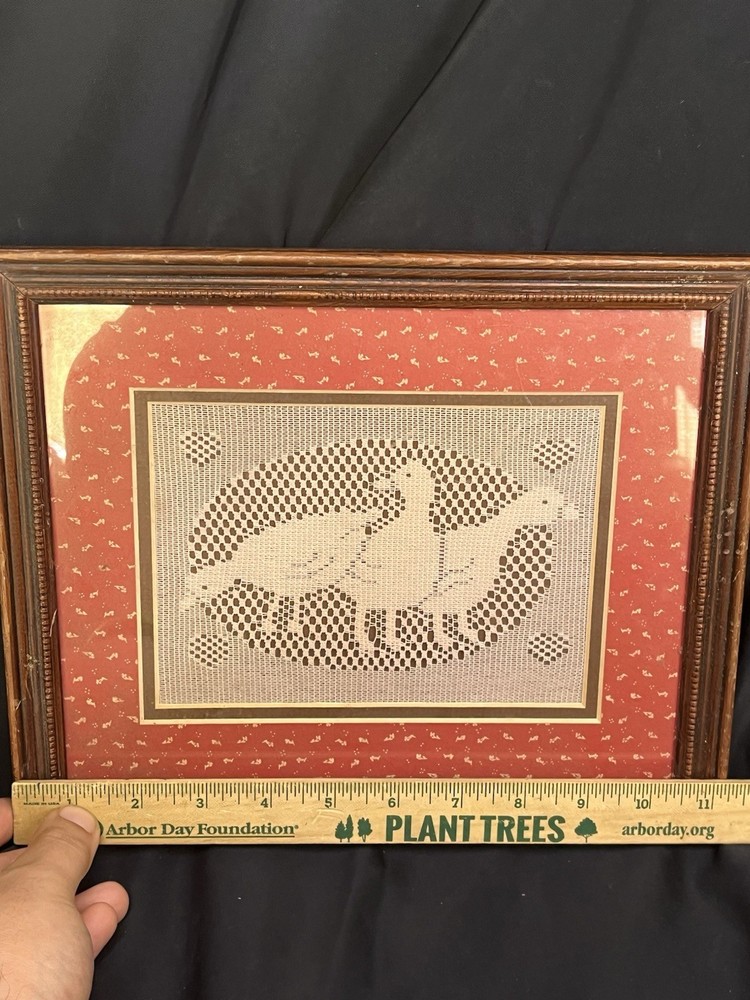 framed lacework ducks scene framed 11.25 x 9.25”