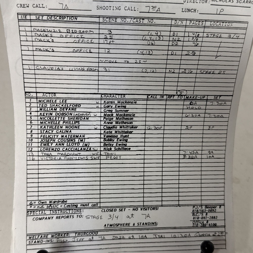 Knots Landing Mini Call Sheet & Partial Script 1992 Final Season - Used On Set