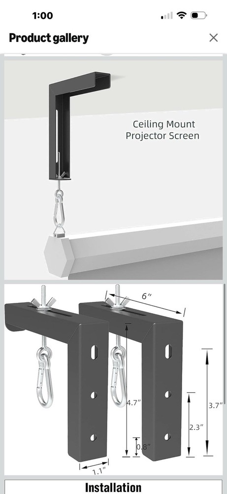 6" Projector Screen Mounting Brackets with Adjustable Hooks for Wall or Ceiling