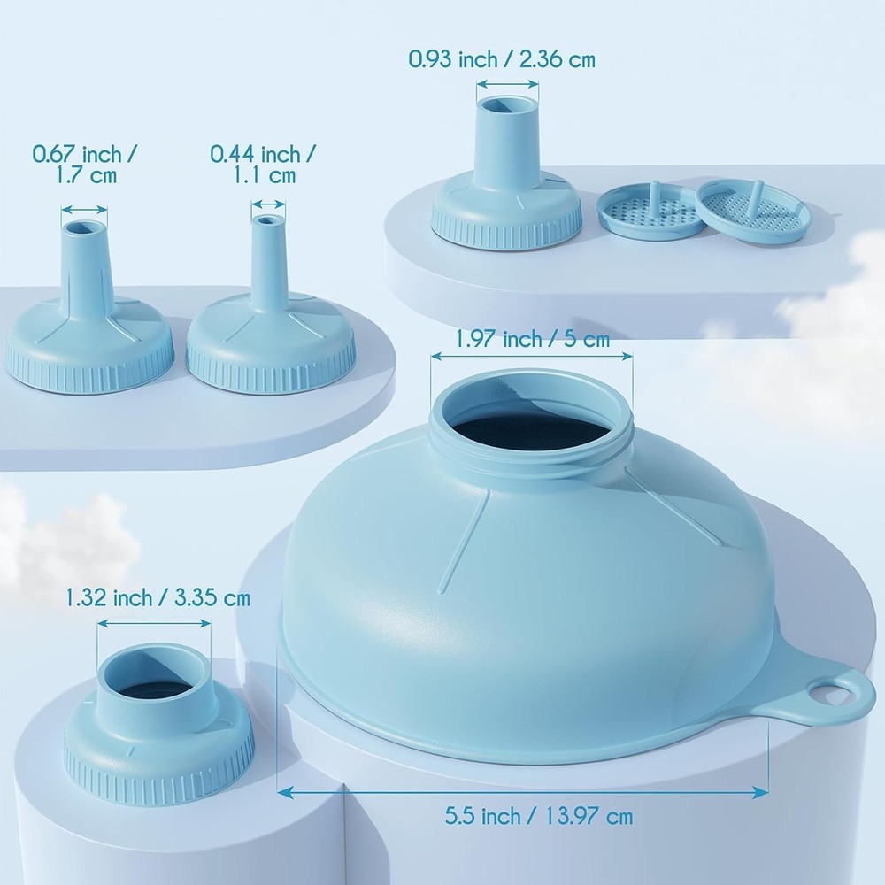 Versatile Blue Funnel Set with 5 Size Spouts & Strainers for Kitchen Ease