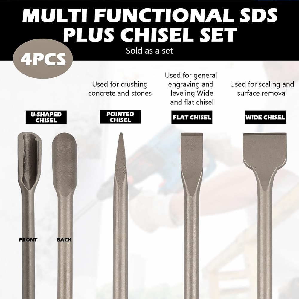 4pcs SDS Chisel Set, Tile Removal Bits, Heavy-Duty Plus Bits for...