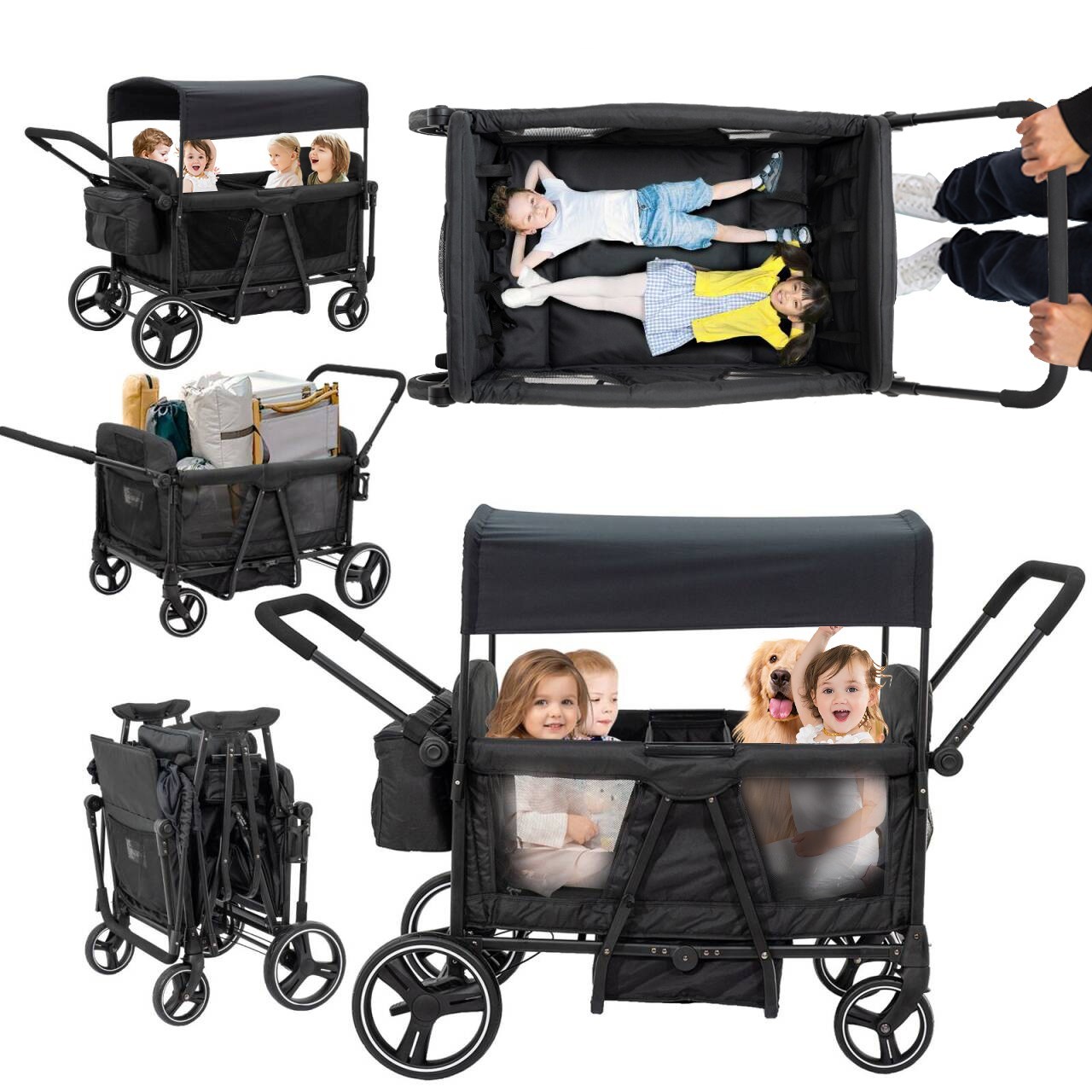 Wagon Stroller for 4 kids Lightweight folding baby stroller&with Mom's bag Black