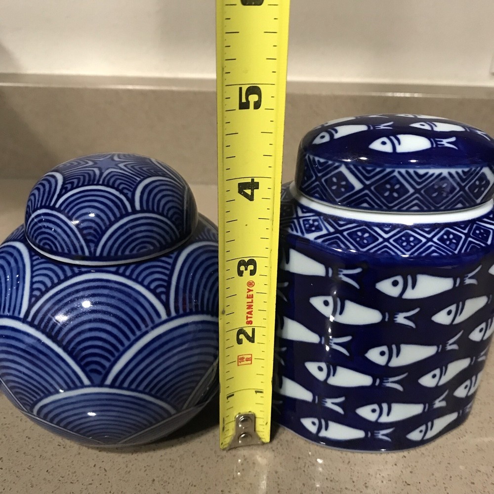 Decorative Ceramic Blue & White Lidded Jar 3 Piece Vanity Set