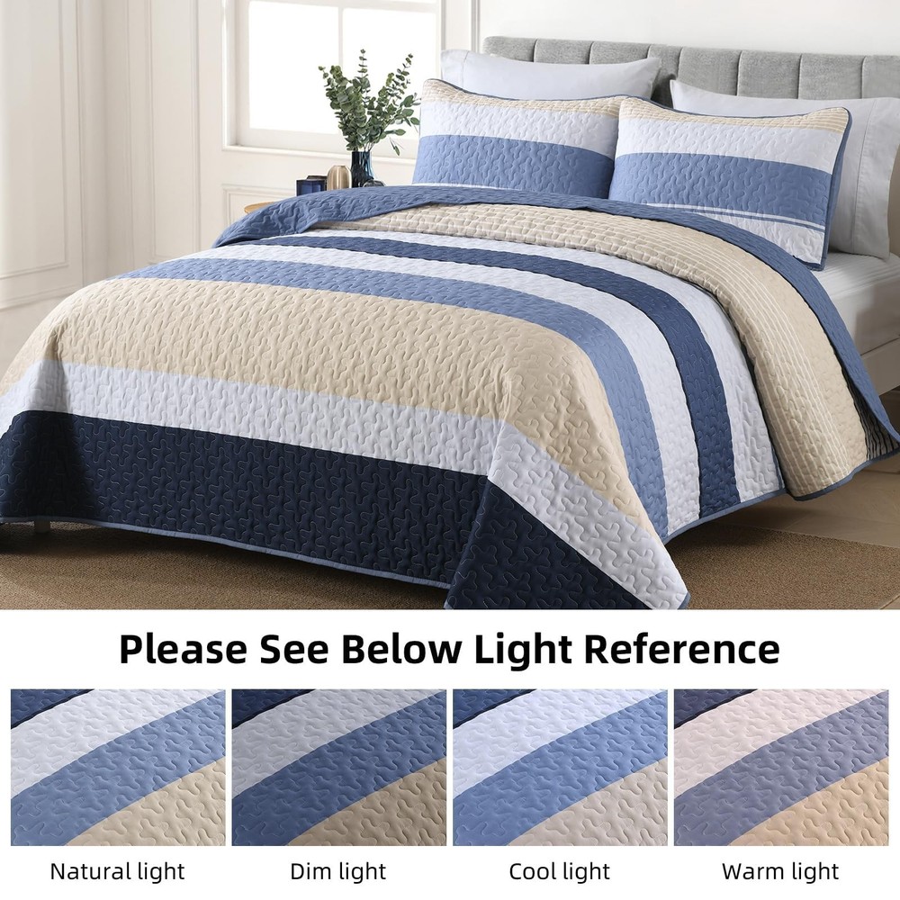 Dinjoy Blue Boho Quilt Set Queen Size, Fall Striped Bedspread Queen,