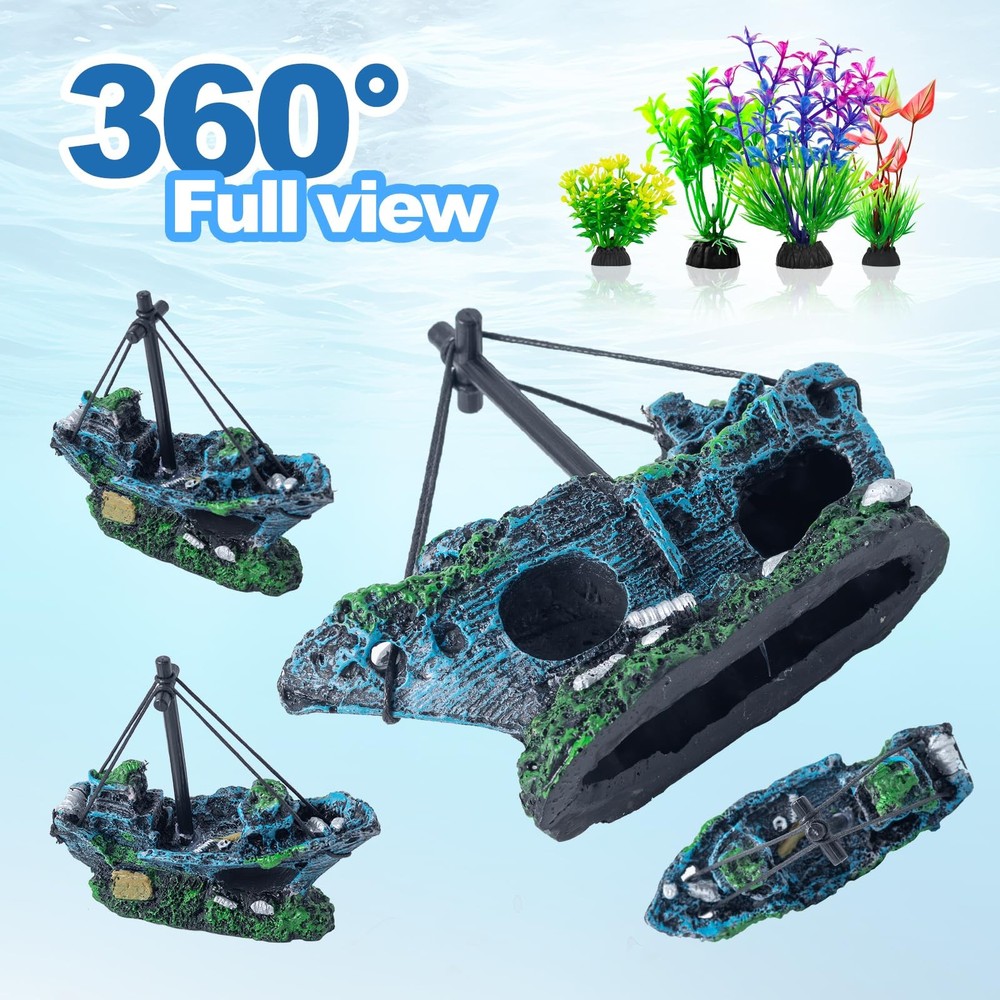 Xereooe 8Pcs Fish Tank Decorations Set Sunken Ship Multicolored