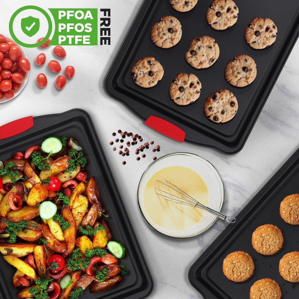NutriChef 3-Piece Large Nonstick Cookie Sheets for Baking - Non-Stick Tray Set