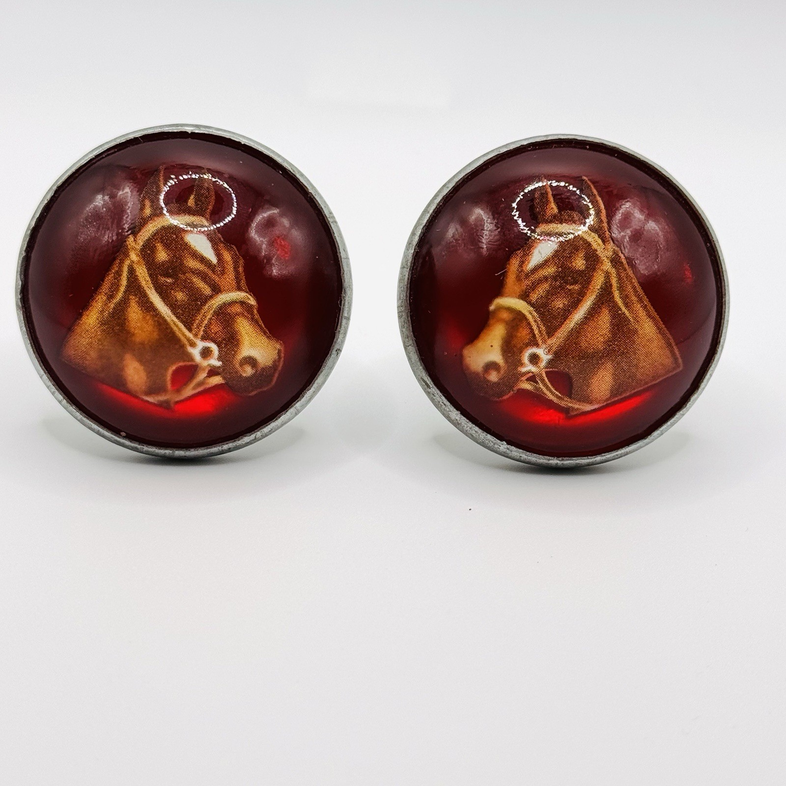 Vintage Horse Bridle Rosettes Red English Horse Head HA Chapman Pair