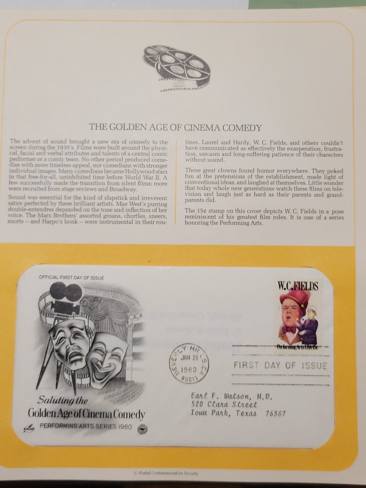 Scott #1803 15c Performing Arts W. C. Fields FDC, Cachet & Description Sheet