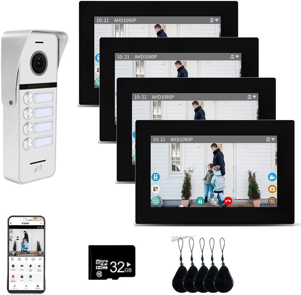 7 Inch 4 Unit Video Intercom System for Apartment, Wired Cable & Touch Screen