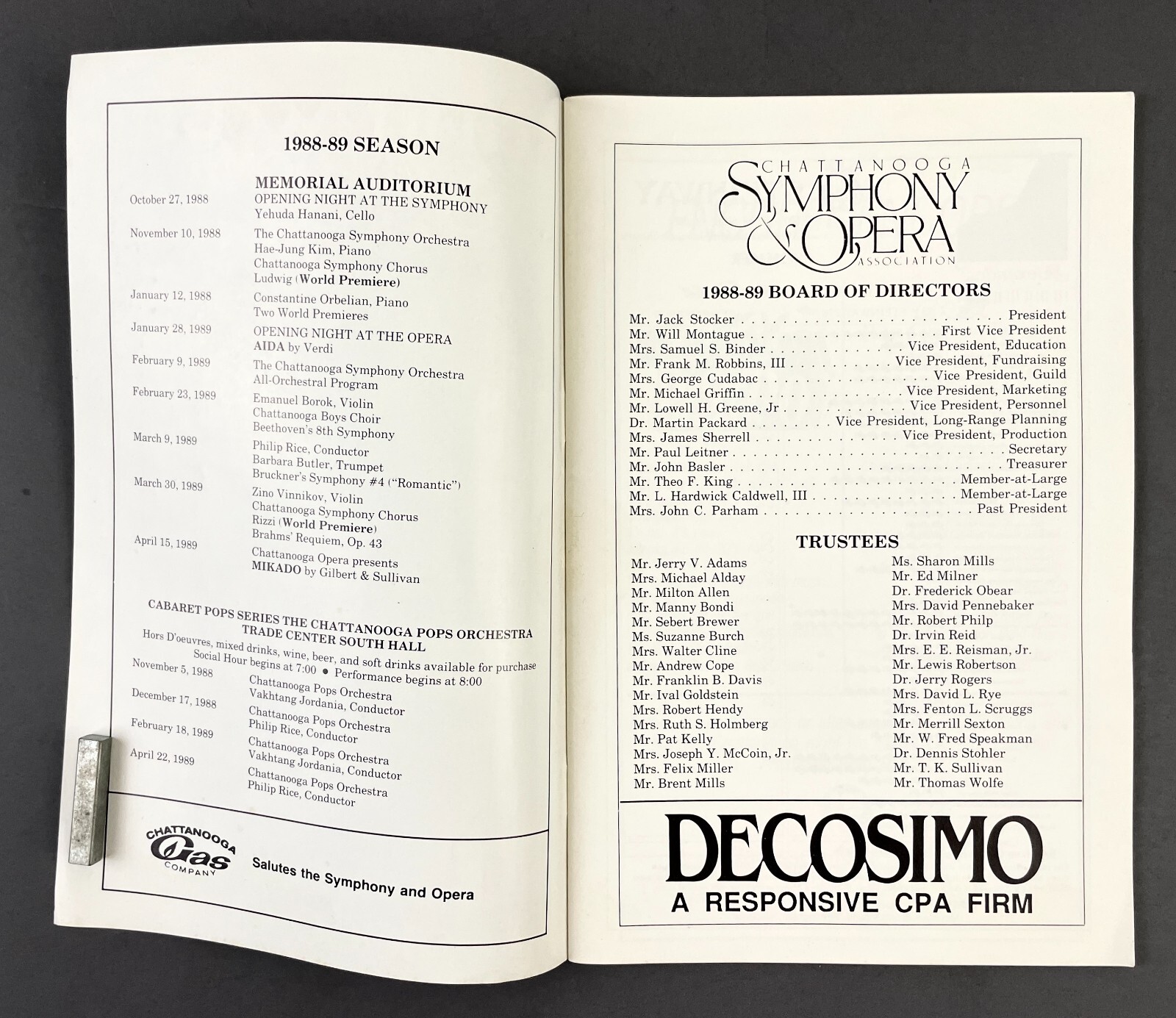 1988-1989 Season Chattanooga Symphony Opera Vintage Playbill Tennessee Ads