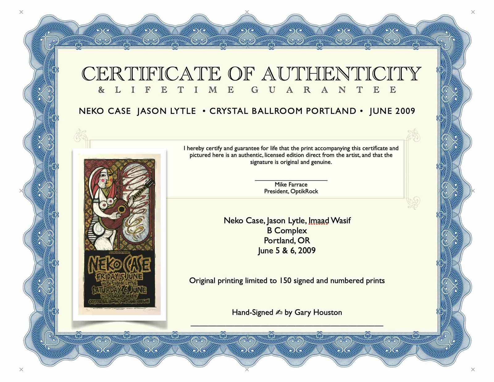 Neko Case Poster Jason Lytle Crystal Ballroom 2009 Hand-Signed by Gary Houston