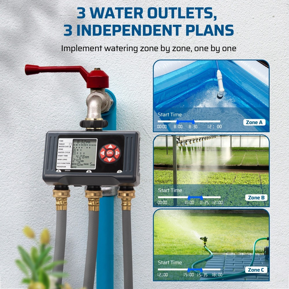 DEWENWILS 3 Zone Sprinkler Timer 12 Programs Water Timer Leakproof Outdoor