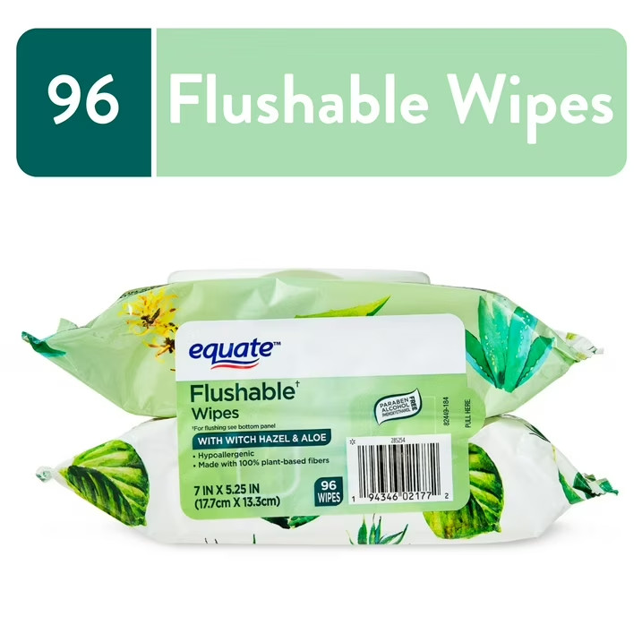 Equate Flushable Wet Wipes with Witch Hazel & Aloe, 96 Wipes (2 Pack)
