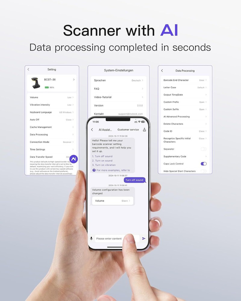 Inateck 2D Bluetooth Barcode Scanner AI Wireless QR Code W/ Smart Charging Base