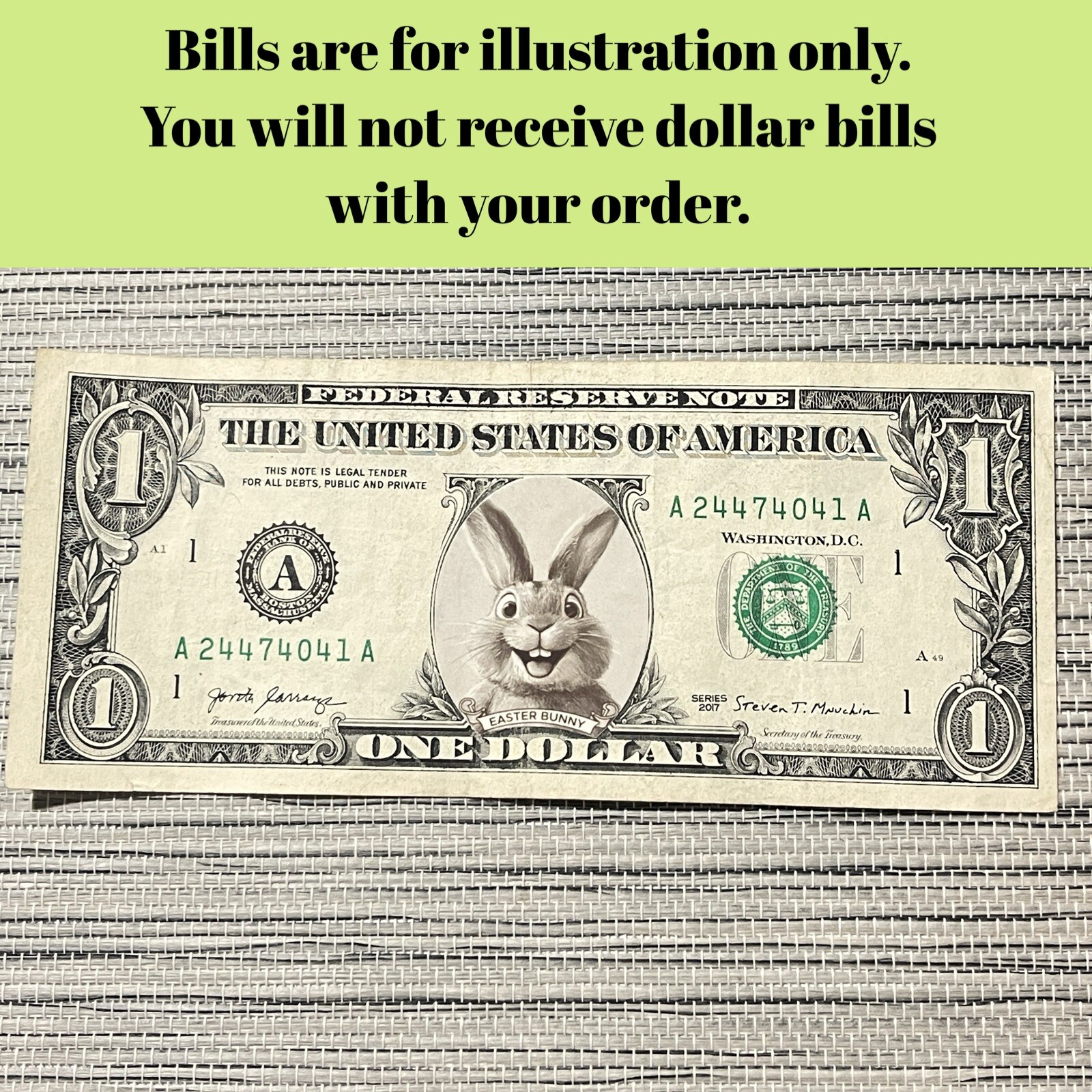 Lot of 10 Bunny Money US Dollar Bill Stickers $1 and $2 Easter Bunny Money Gift