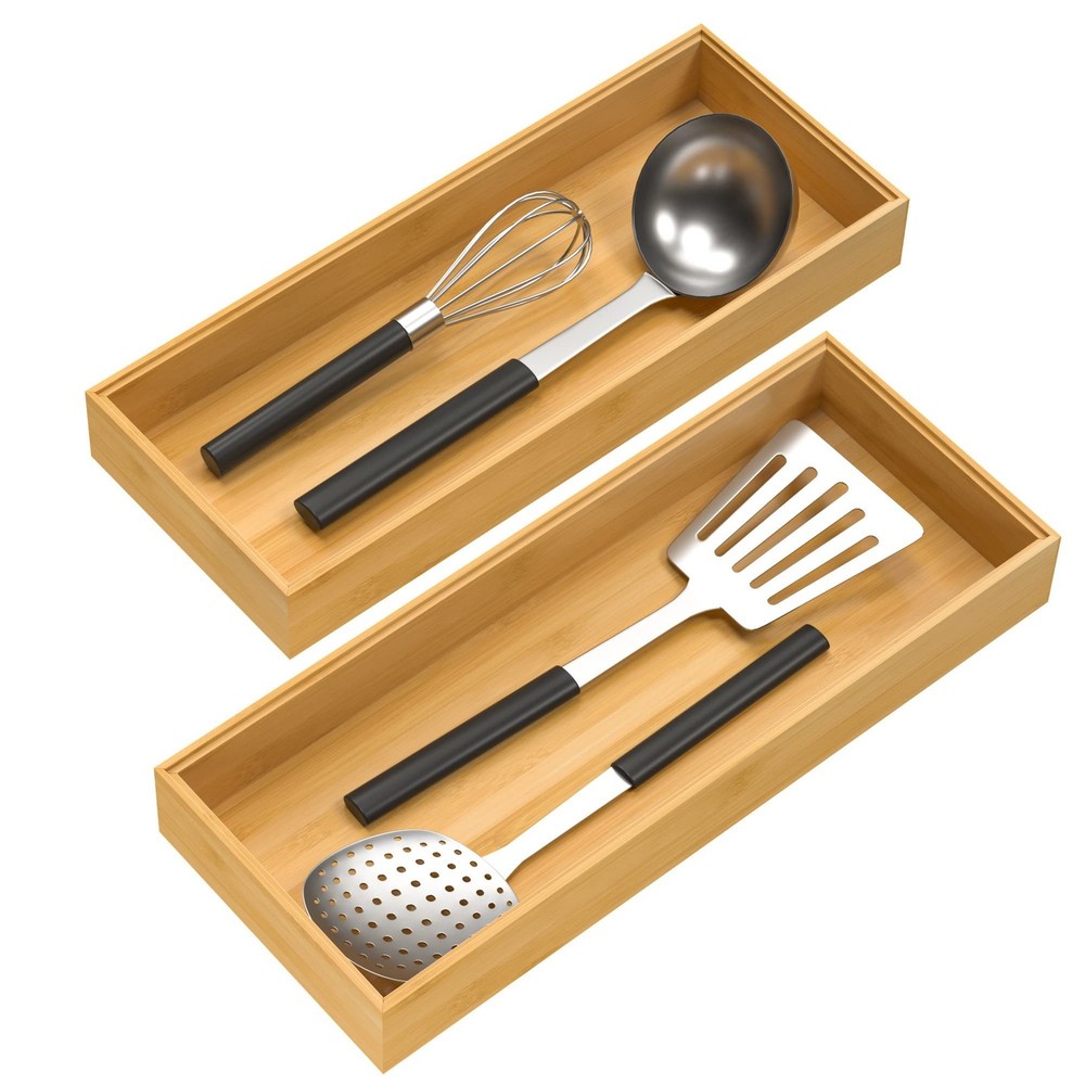 Bamboo Drawer Organizer, Stackable Utensil Organizer for Kitchen, Bamboo Stor...