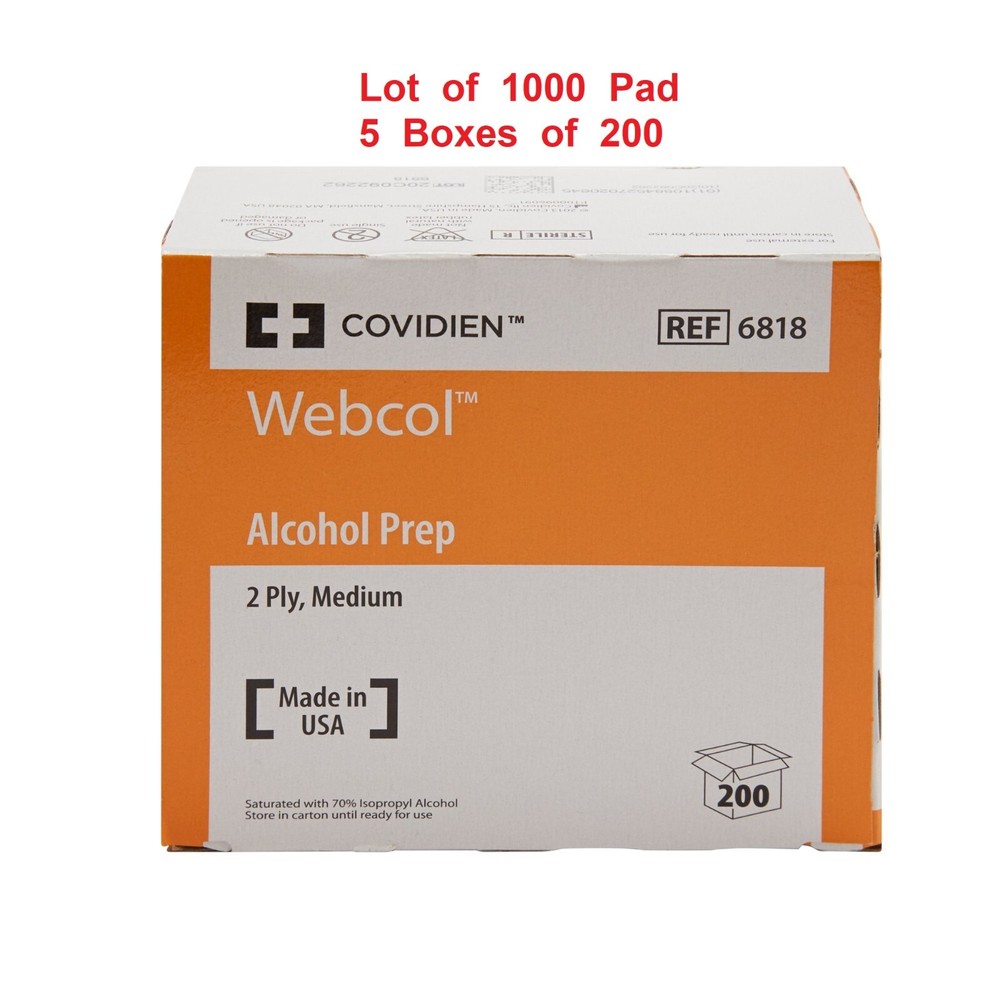 Webcol Alcohol Prep Pad Sterile 70% Strength Medium REF 6818, 5 Boxes 1000 Pads