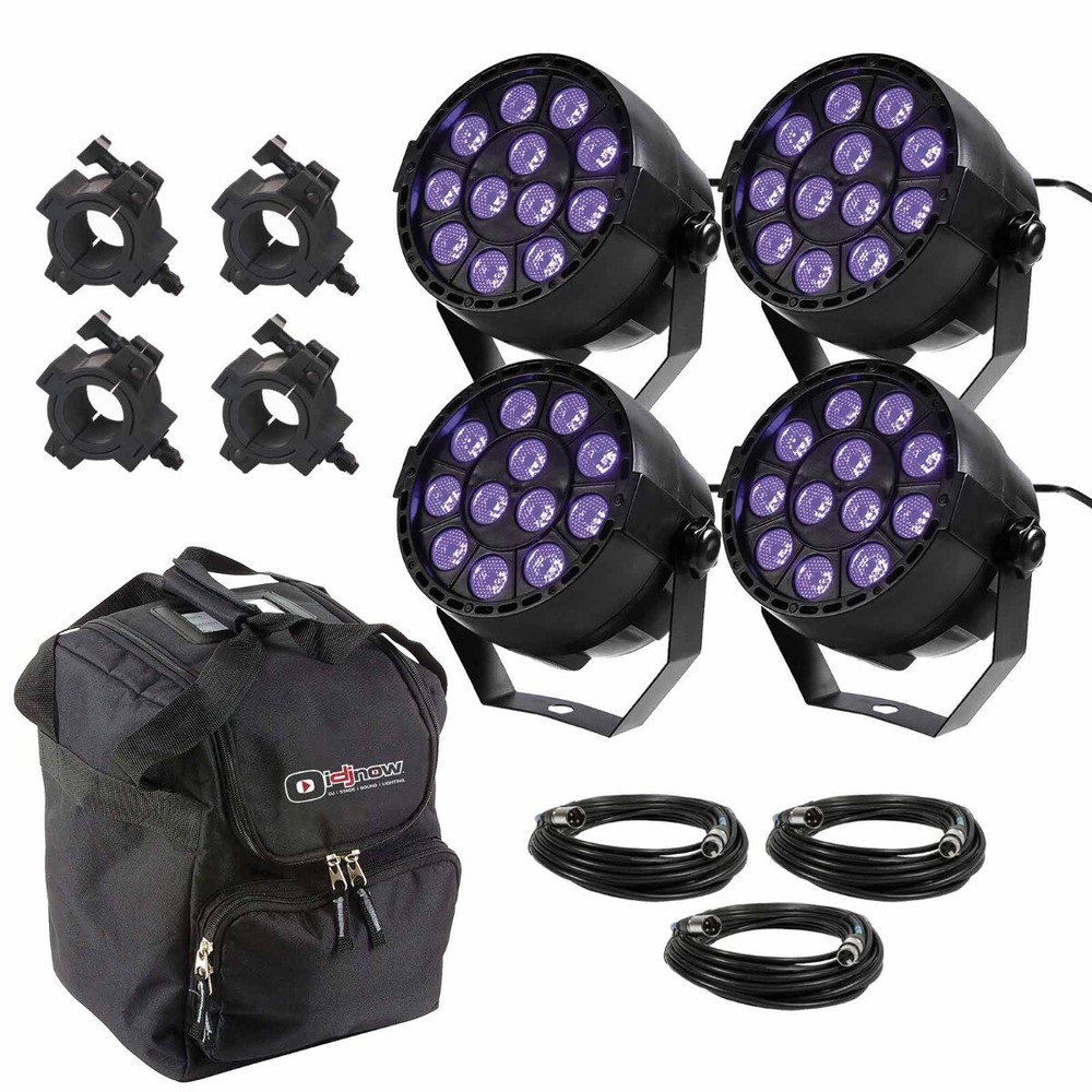 Eliminator Mini Par UV LED Effect Par Lights (4 Pack) + Case + Clamps + Cables
