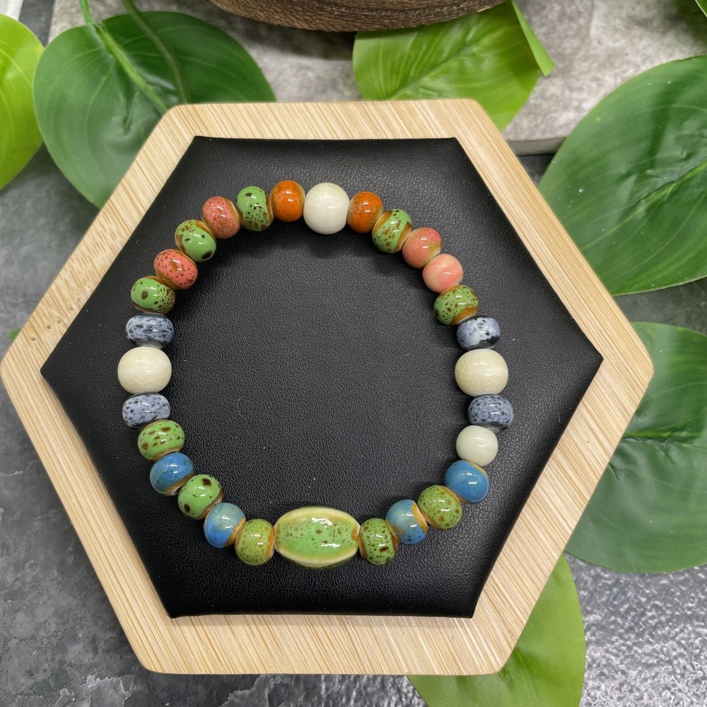 Handmade Ceramic Bead Beaded Stackable 6.5” Plus Stretch Bracelet New B7