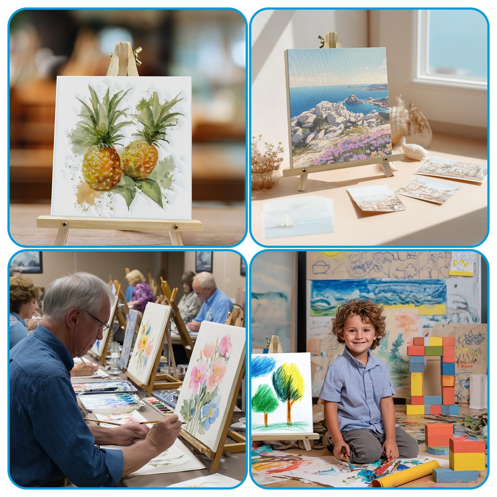 6 Pack 9 Inch Wood Easels, Tripod, Table Top Easels for Painting, Art Craft Pain